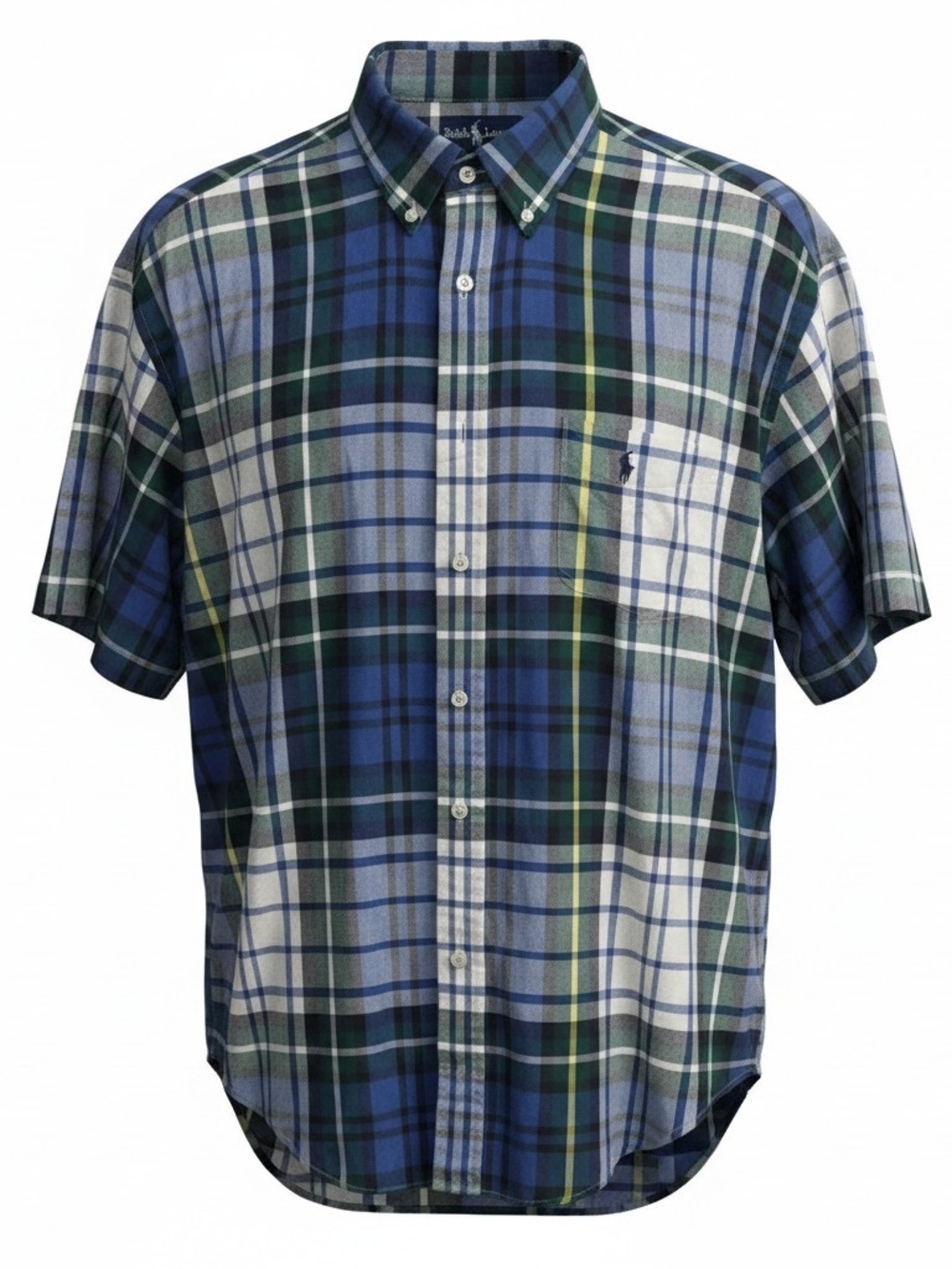 Ralph Lauren Big Shirt Blue, Green & White Plaid Short-Sleeve Button Shirt Large